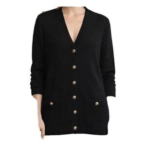 St John Basics Sweater Womens Large Black Long Cardigan Gold Buttons Trim